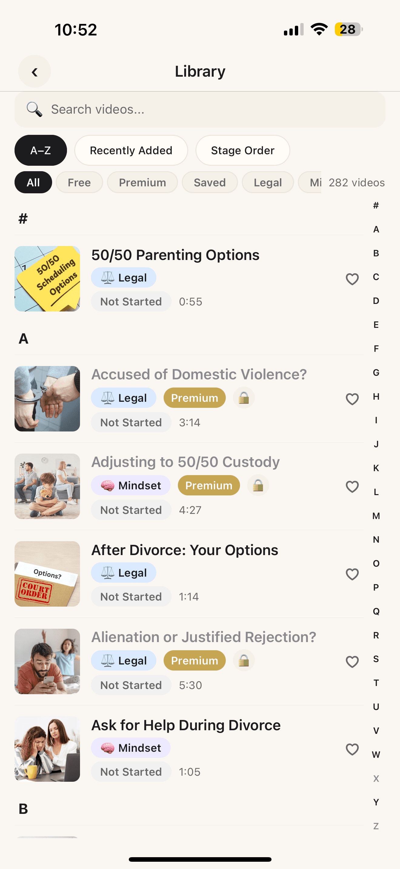 SplitUp library with search, filters, saved items, and video resources