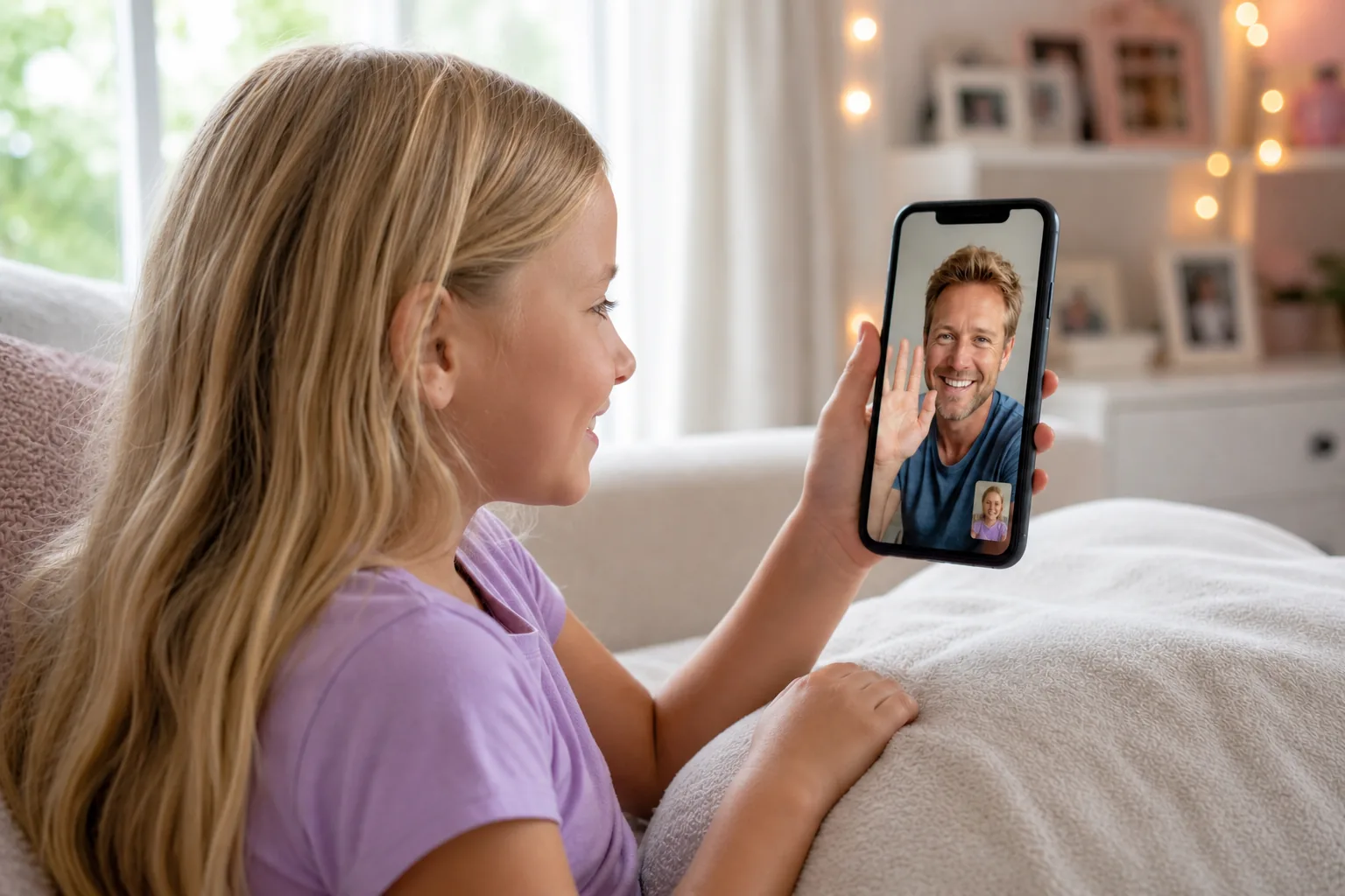 Young girl video calling her father during parenting time