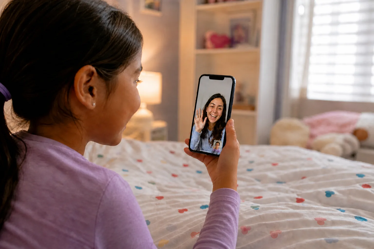 Young girl video calling her mother during parenting time