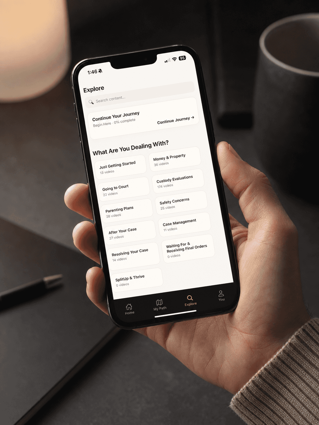 SplitUp Explore screen with issue categories and search