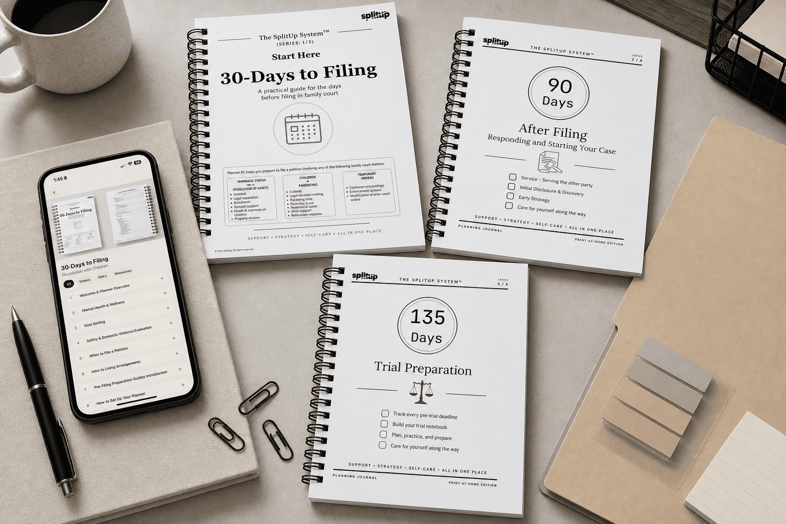 SplitUp printable planners arranged on a desk