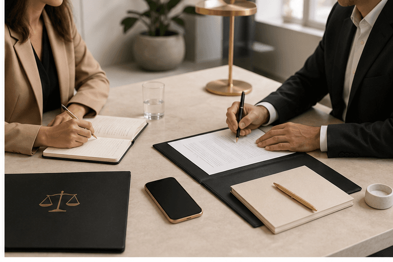 Two professionals reviewing notes and documents at a planning table
