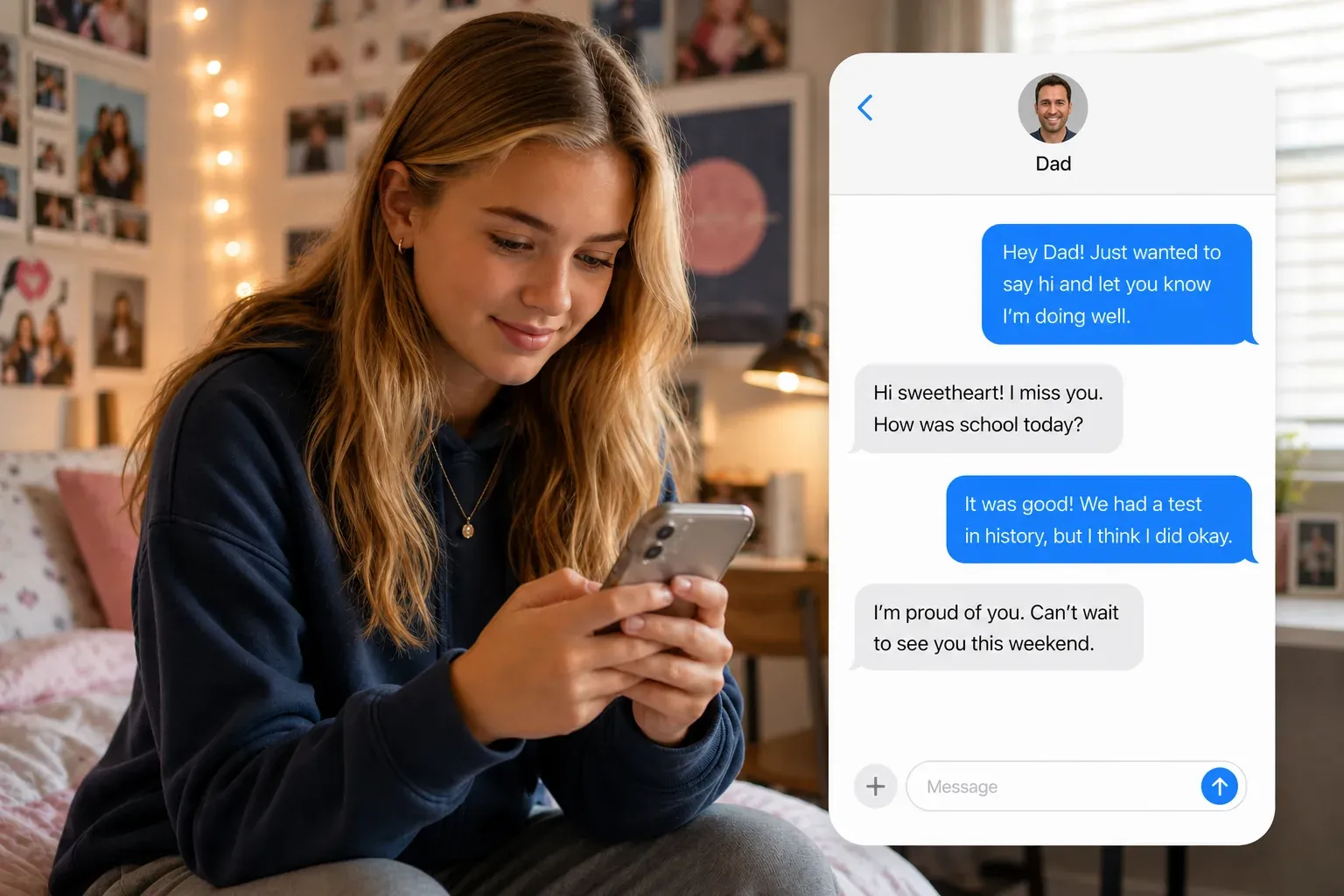 Teen texting her father during the other parent's parenting time